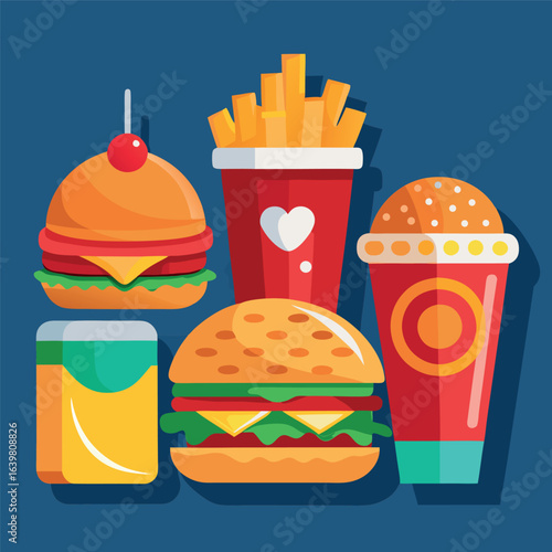 Illustrate a set of realistic fast-food icons—burger, fries, soda, pizza slice—with appealing shading and vibrant colors for menus or food apps.