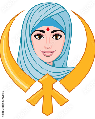 Illustration of a woman with a blue headscarf and religious symbol.
