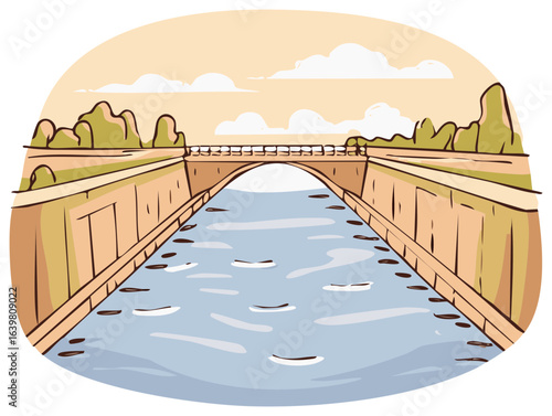 Scenic Waterway Illustration featuring a Tranquil Canal with Bridge and Lush Greenery