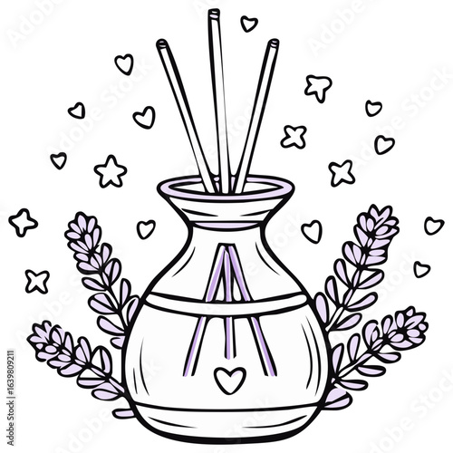 Cute cartoon reed diffuser with lavender flowers for aromatherapy and relaxation