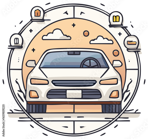Automotive travel concept with a modern car illustration in a circular frame