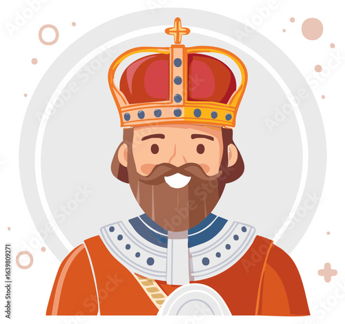 Cartoon King Character Illustration Wearing Crown and Robes with Beard and Moustache