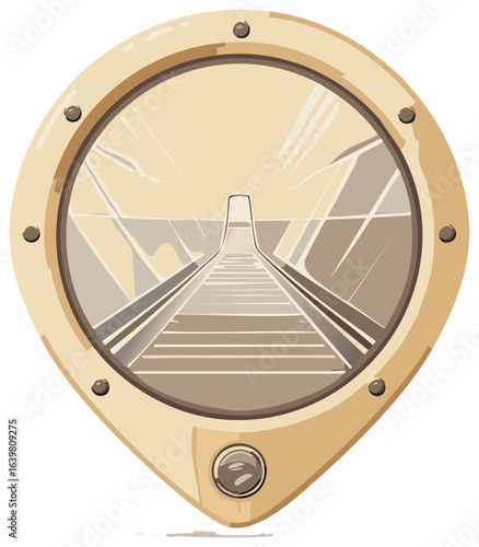 Railroad tracks view through porthole with rivets - abstract geometric illustration