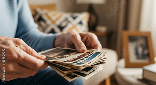 Senior man reminiscing looking through old photographs remembering past memories family history nostalgia