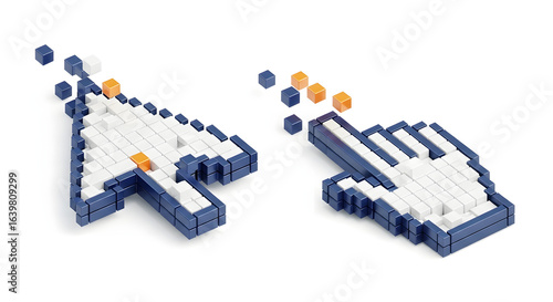 3D Pixel Art Hand and Arrow Cursors Clicking on White