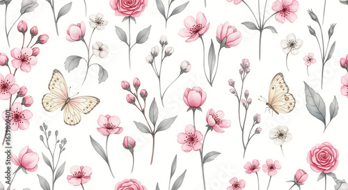 Delicate watercolor floral pattern with pink roses and butterflies on white background