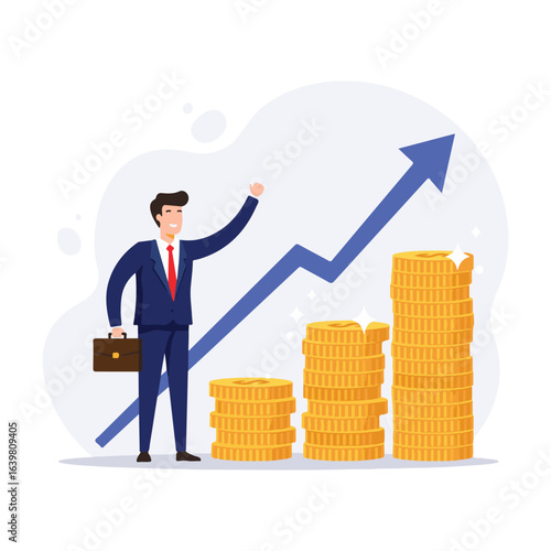 An illustration of a happy businessman with a fist pump, celebrating a rapidly growing financial graph and money.