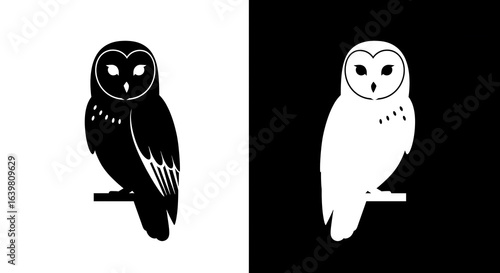 Barn owl silhouette, perched, black and white, graphic design, dual color scheme.