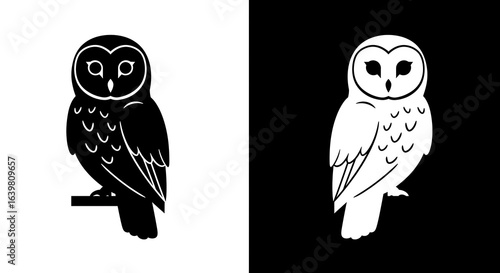 Stylized barn owl illustration, black and white versions, perched, bird, graphic design.