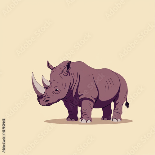 A stylized illustration of a rhinoceros standing against a simple, neutral background.