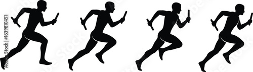 Athlete Running with Baton in Relay Silhouette Icon Vector Set - Sports and Team Competition