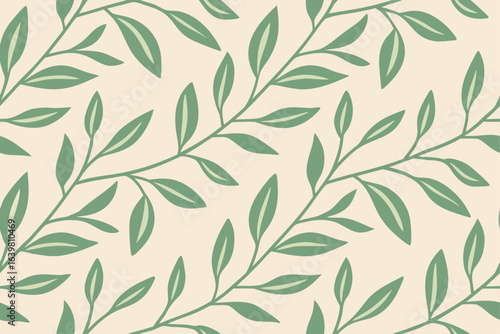 Seamless pattern with vintage floral decoration, green leaves, and delicate flowers on a white backdrop