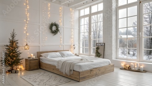 Scandinavian White Bedroom with Christmas Wreath and Greenery