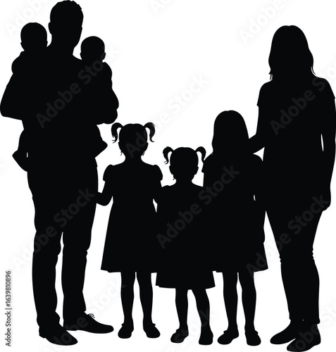 Silhouette of family group, parents with children,  unity, parenting,  minimal design, abstract art, emotional connection, family love, generational portrait, peaceful moment, lifestyle concept,