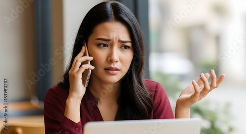 Worried businesswoman on phone call stressed business problem solving difficulties laptop cafe