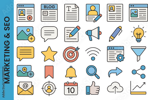 Blogging & Content Creation Color Icon Set. Digital Marketing & SEO Symbols.