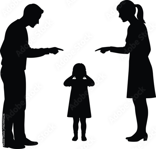 Silhouettes of arguing parents, child covering ears, family conflict concept, emotional stress, parenting issues, dramatic scene, dark background, tension