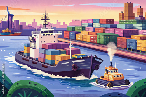 Tugboat guiding large cargo vessel into busy harbor, maritime teamwork scene wallpaper cartoon