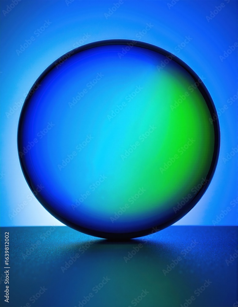Obraz premium A vibrant blue and green sphere rests atop a polished wooden table, casting soft shadows and reflecting light, creating a striking focal point.