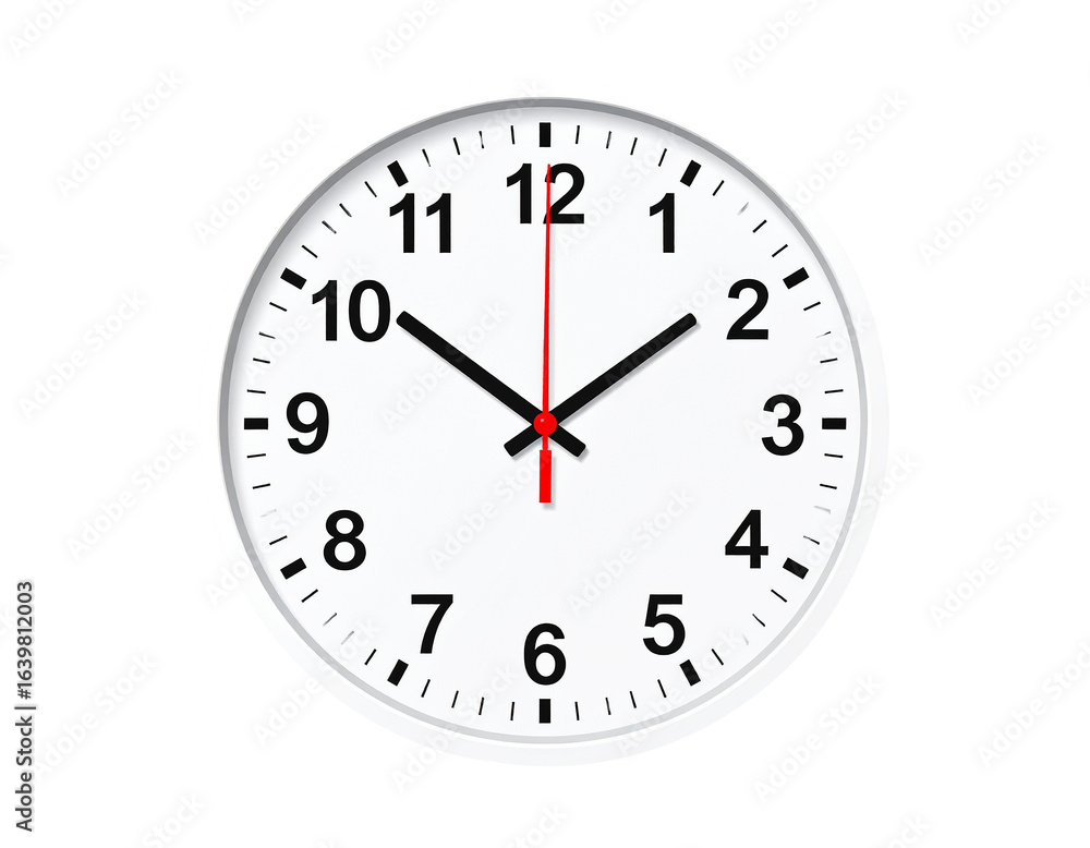 Round Wall Clock with Black Numbers and Red Second Hand Isolated on Transparent Background Round Wall Clock with Black Numbers and Red Second Hand Isolated on Transparent Background