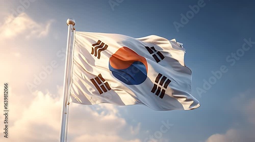 South Korean Flag Waving Proudly Under a Clear Blue Sky