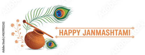 Happy Janmashtami festive illustration with clay pot, peacock feathers, floral decor, and orange celebratory text for Hindu festival