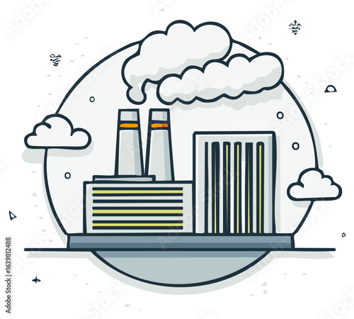 Industrial factory with smoking chimneys and pollution clouds in a circular frame