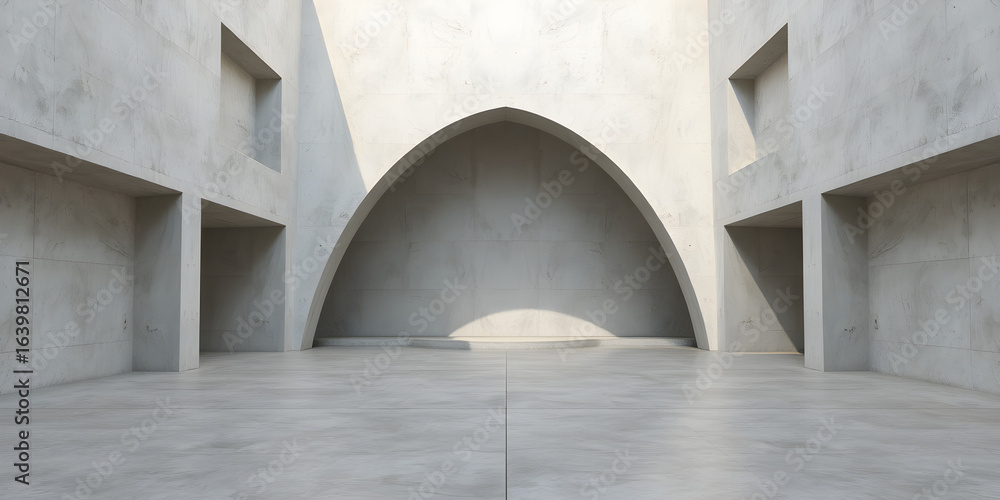 Fototapeta premium 3d render of abstract modern concrete architecture with empty cement floor, minimal exterior, car presentation background