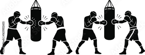  Boxer Punching Heavy Bag Silhouette Icon Vector Set - Boxing Training and Strength