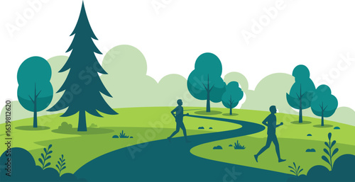 Jogging in nature, forest trail run, healthy lifestyle, outdoor fitness, scenic park path, morning exercise, green landscape, peaceful workout