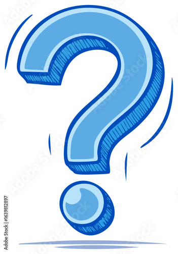 Cartoonish blue question mark, hand-drawn and stylized with hatched shading and movement lines