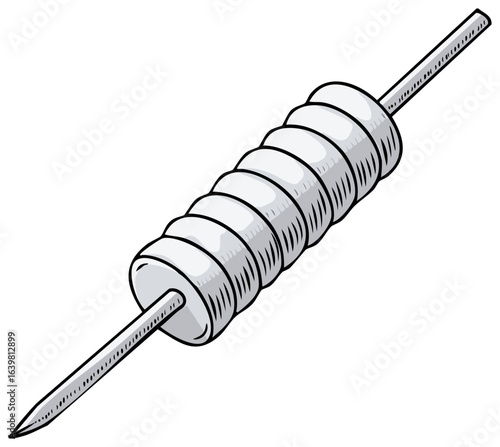 Stylized illustration of a spool of thread on a needle