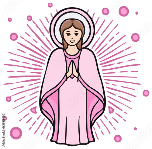 Young Woman in Pink Praying with Halo and Radiant Aura of Circles