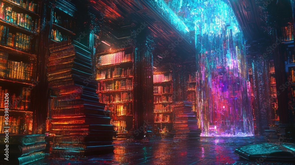 Obraz premium Intricate, glowing library interior with a vibrant waterfall.