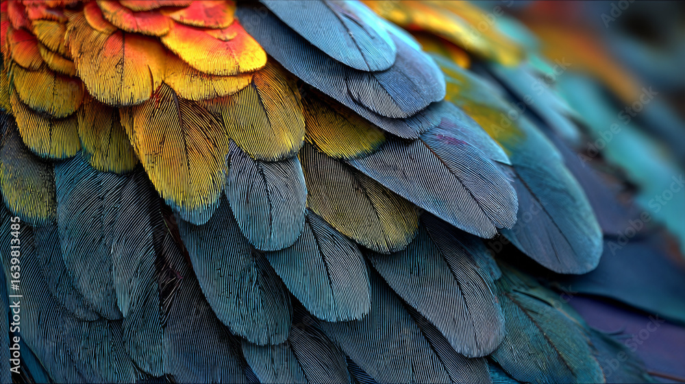Fototapeta premium Close-up of vibrant blue, yellow, and green macaw feathers with intricate patterns