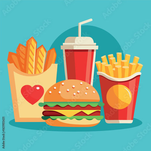 Illustrate a set of realistic fast-food icons—burger, fries, soda, pizza slice—with appealing shading and vibrant colors for menus 
