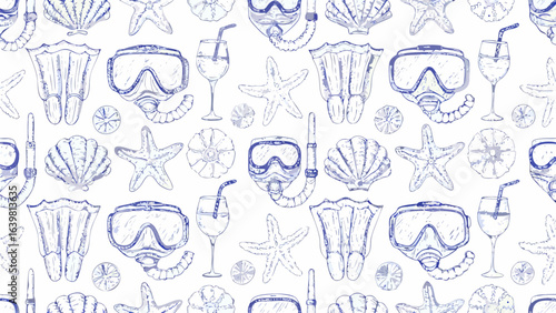 Seamless pattern of summer beach elements including starfish shells snorkel masks and drinks in blue ink style silhouette