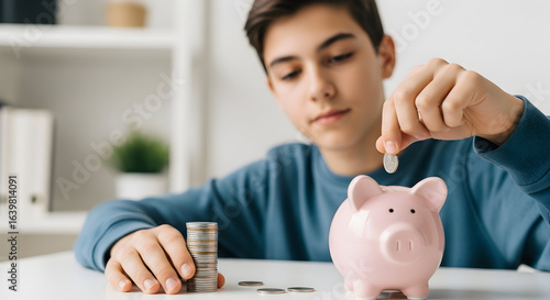 Teenage boy saving money piggy bank financial goals future planning responsible spending childhood finance education learning kids money management saving coins investments