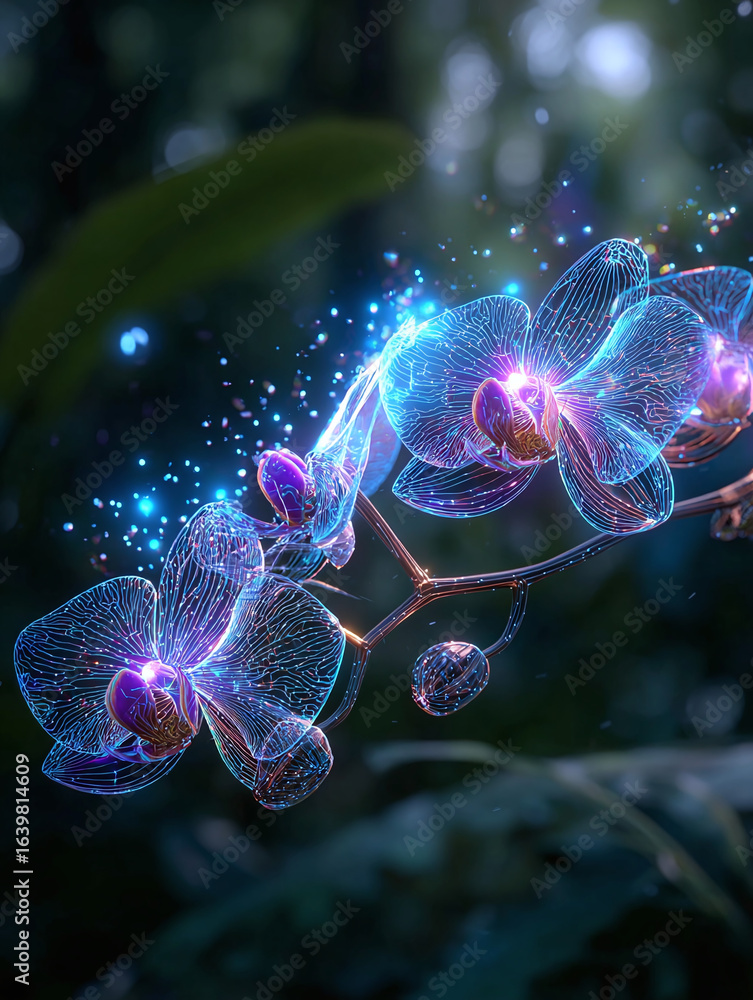Obraz premium Magical Bioluminescent Orchids Glowing in a Dark Fantasy Jungle Environment