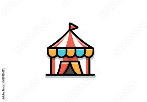 Cartoon circus tent graphic.  Simple, colorful circus tent graphic on black background.  Striped, peaked roof,  colorful trim, and flag