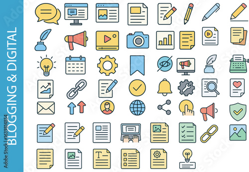 Content Creation & Writing Color Icon Set. Blogging & Digital Publishing Symbols.