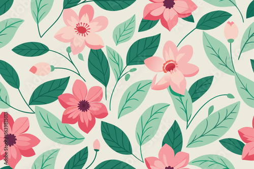 Seamless vector pattern of vintage pink flowers with leaves, perfect for spring textile wallpaper or floral summer decoration