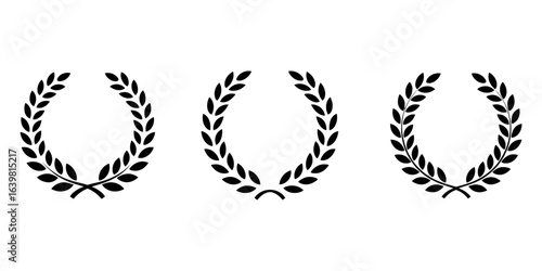 Circular laurel wreath Icon elegant foliate vector symbol.eps, Set of black silhouette circular laurel foliate, wheat and oak wreaths depicting an award, achievement, heraldry, nobility on white.