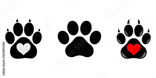Pet paw editable stroke. footprints Pet paw, Heart with pet paw print dog cat icon, vector illustration, Paw icon set. Cat or dog paw icon silhouette vector illustration. Paw icon outline print