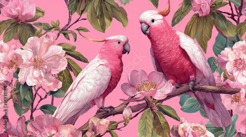 Tropical seamless floral pattern with exotic parrots and pink cockatoos on tree branches, surrounded by vintage leaves and flowers, nature illustration for summer textiles, wallpaper, and Hawaiian des