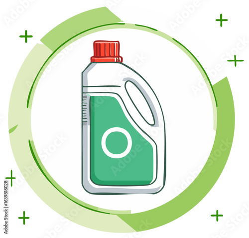 White plastic bottle with red cap green label for laundry detergent or household cleaning liquid