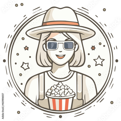 Joyful young woman in sunglasses and hat holding popcorn, ready for movie time