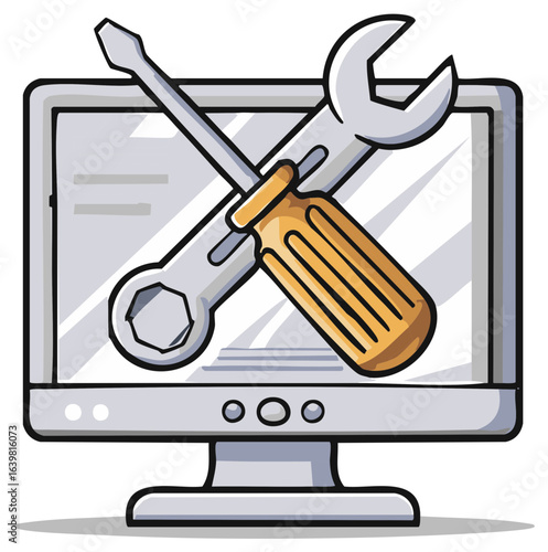 Computer monitor with crossed wrench and screwdriver symbolizing repair and technical support services