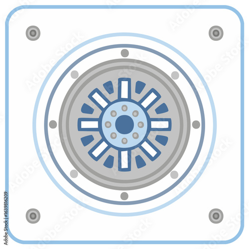 Illustrated mechanical component, circle within a square, bolts and rivets, abstract icon.