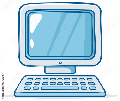 Hand drawn blue cartoon illustration of a retro desktop computer with a vintage monitor and keyboard